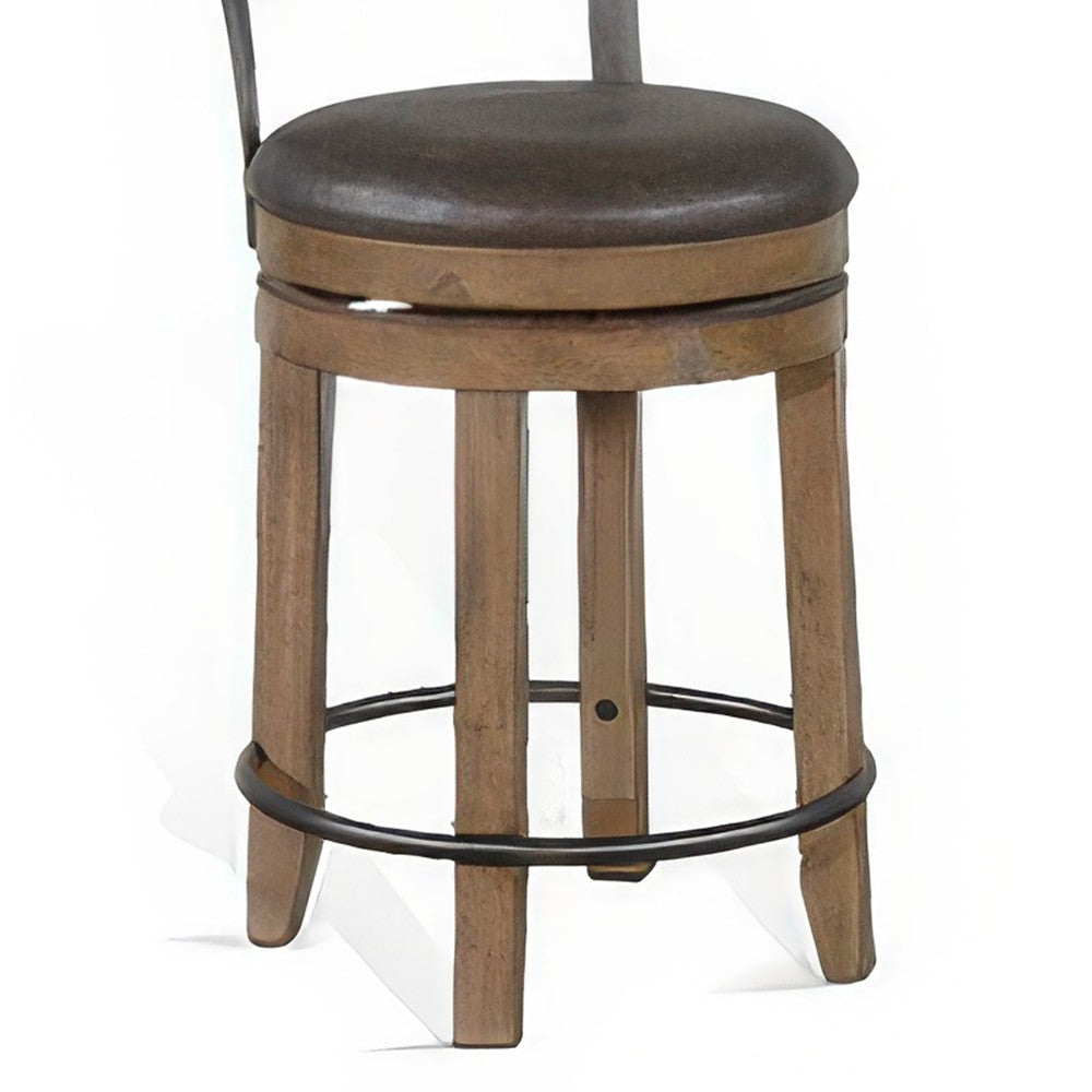 Yael Swivel Counter Stool Chair Set of 2 Gray Faux Leather Brown Wood BM324873