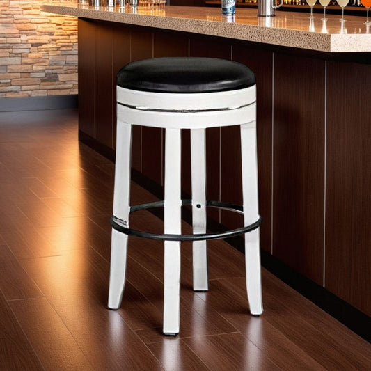 Orso Swivel Barstool Set of 2, Black Faux Leather, White Wood, Black