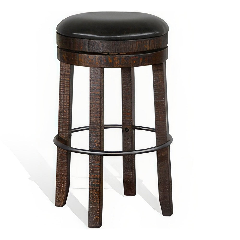 Flint Swivel Barstool Set of 2, Black Faux Leather, Dark Brown Wood