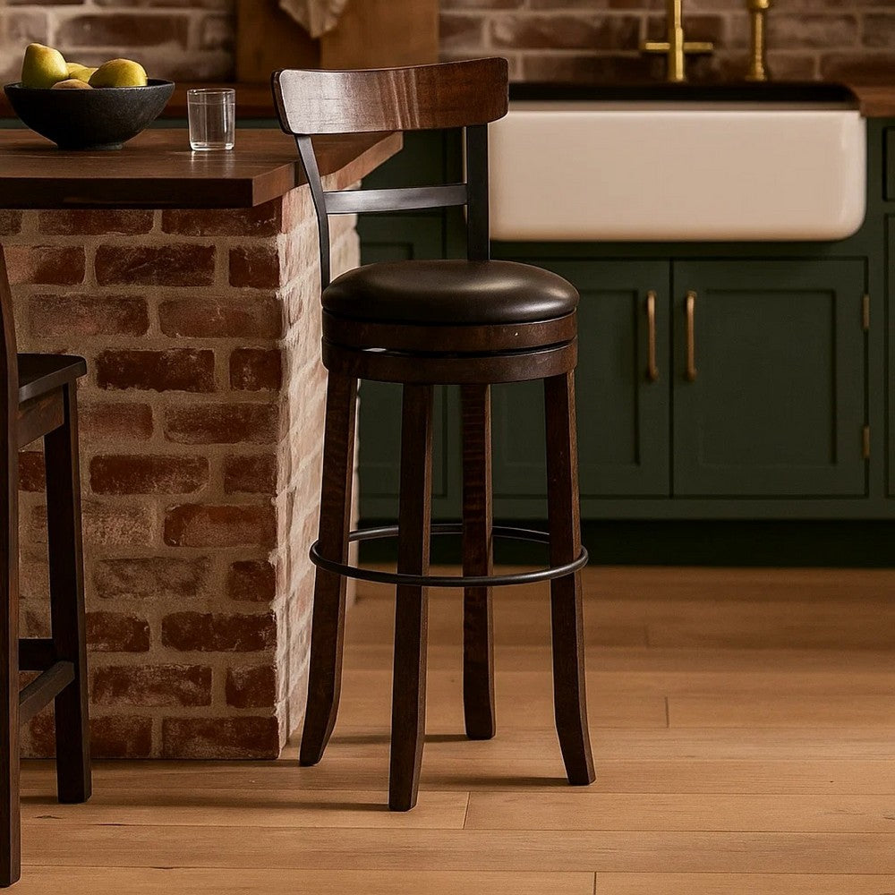 Flint Swivel Barstool Chair Set of 2, Black Faux Leather, Dark Brown