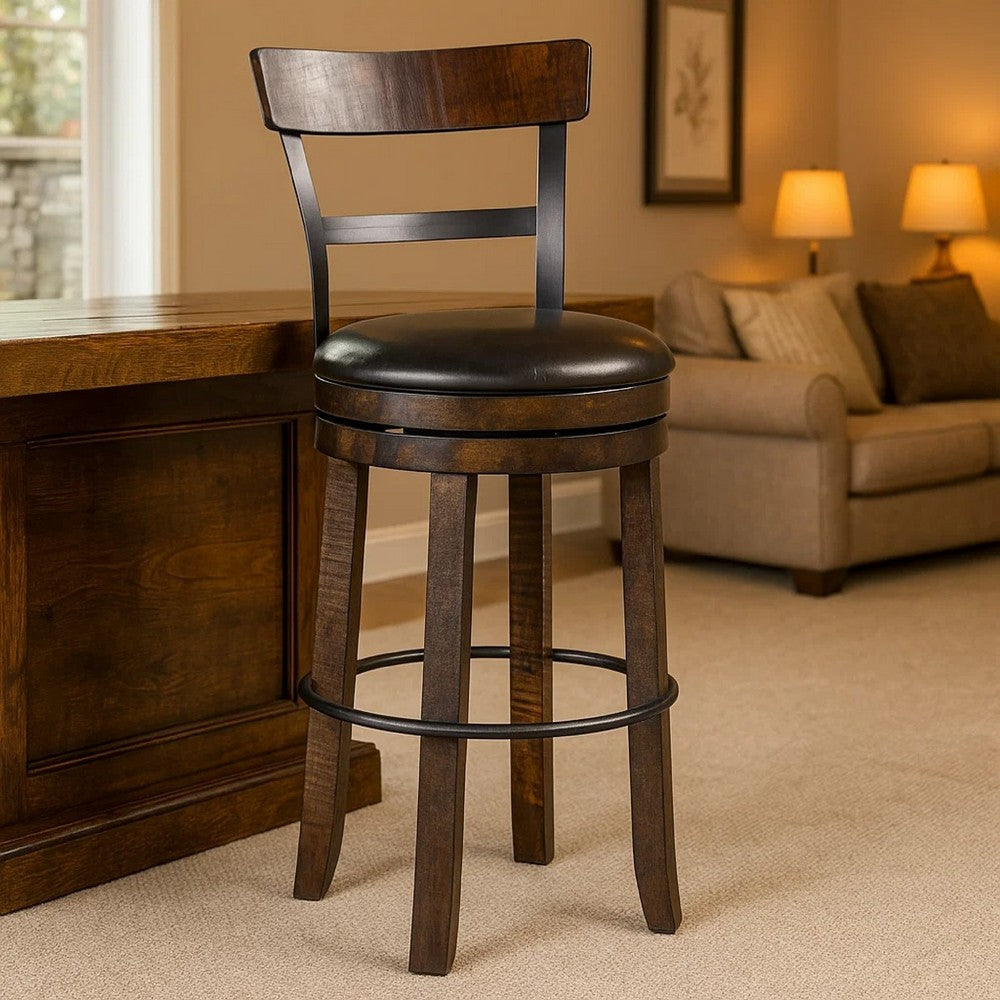 Flint Swivel Barstool Chair Set of 2, Black Faux Leather, Dark Brown