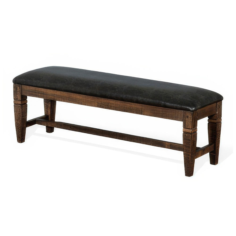 Flint Bench Dark Gray Faux Leather Dark Brown Mahogany Wood 56’’ BM324886