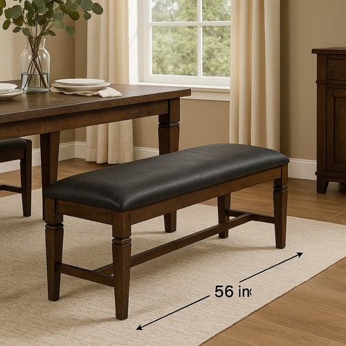 Flint Bench, Dark Gray Faux Leather, Dark Brown Mahogany Wood, 56"