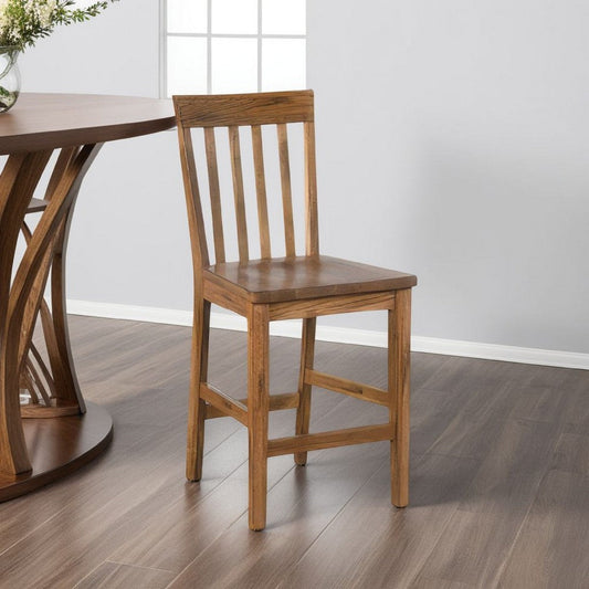 Marv Counter Height Chair Set of 2, Wooden Seat, Oak Brown Wood Finish