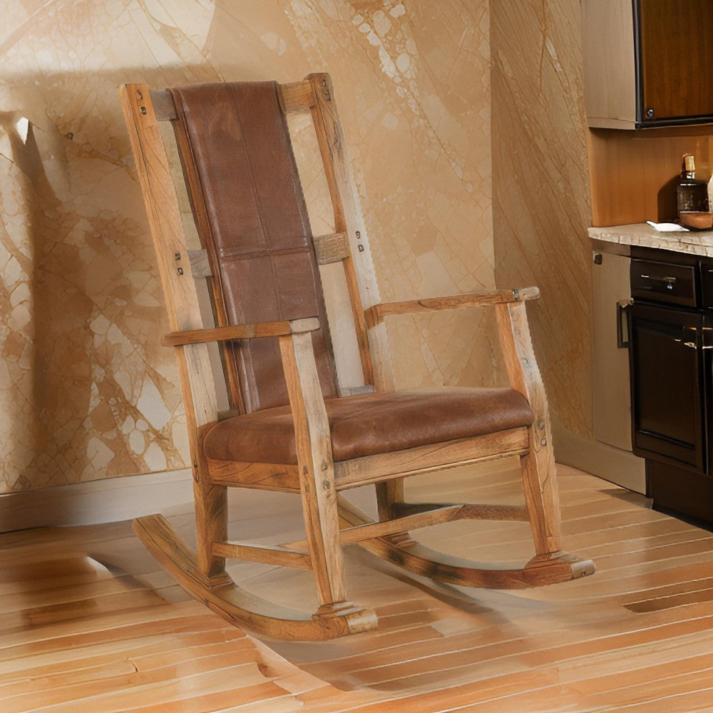 Marv Rocking Chair with Faux Leather Seat and Back, Rustic Oak Brown