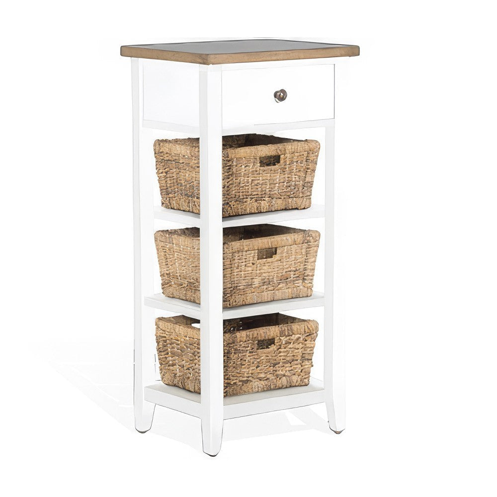 Livy Storage Rack End Table with 3 Natural Brown Rattan Baskets White BM324903