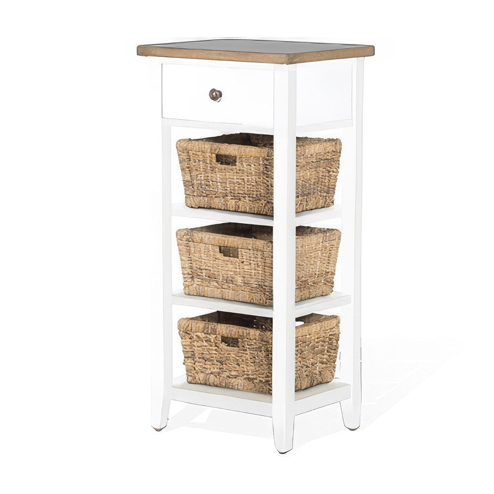 Livy Storage Rack End Table with 3 Natural Brown Rattan Baskets White BM324903