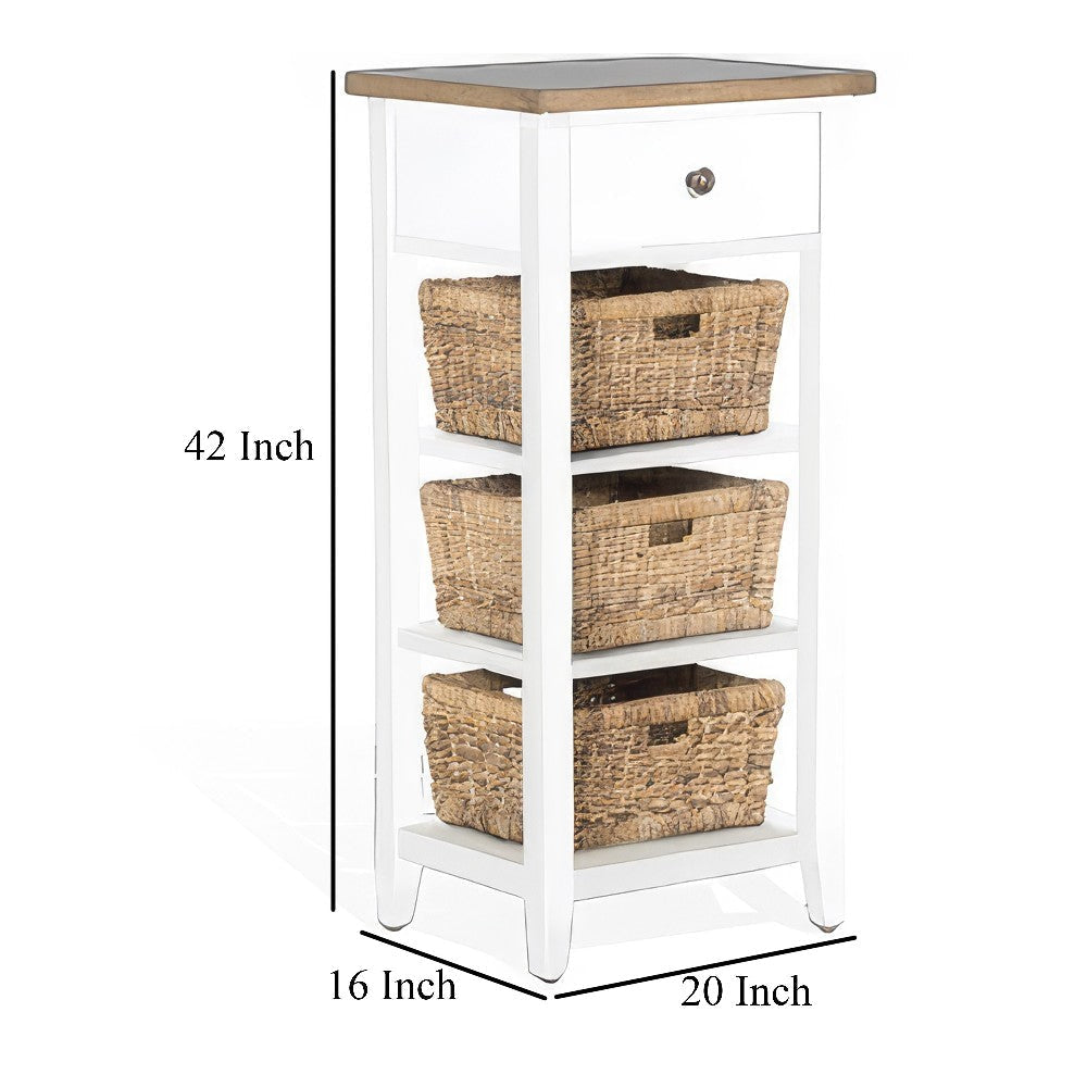 Livy Storage Rack End Table with 3 Natural Brown Rattan Baskets White BM324903
