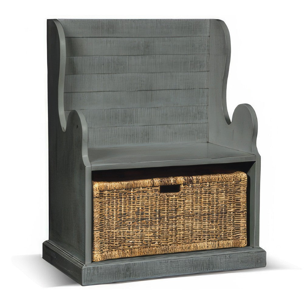 Eulie Hall Foyer Bench Seat w Rattan Basket, Rustic Blue Mahogany Wood