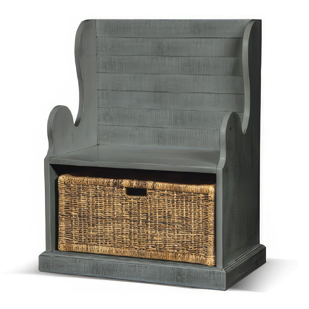 Eulie Hall Foyer Bench Seat w Rattan Basket Rustic Blue Mahogany Wood BM324906