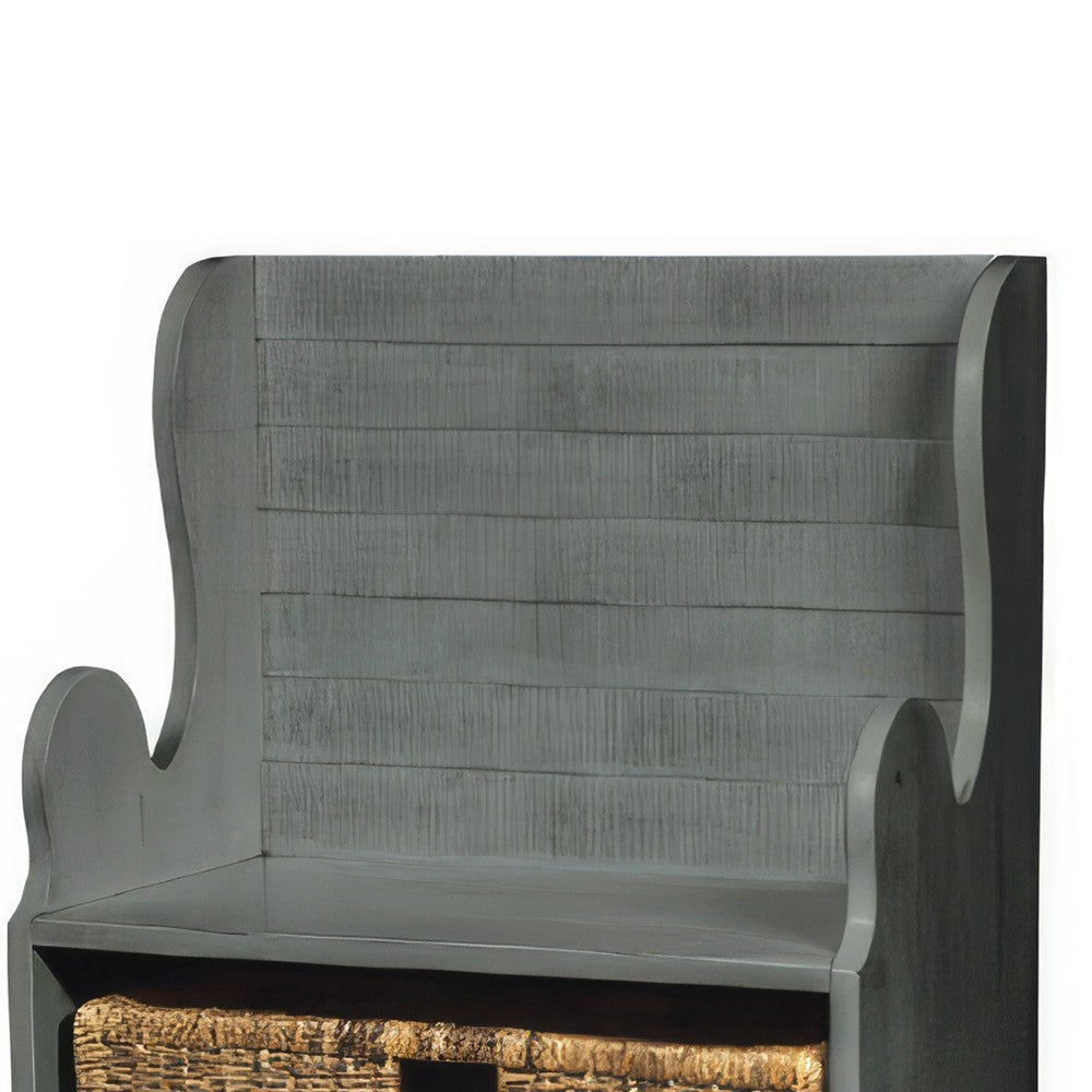 Eulie Hall Foyer Bench Seat w Rattan Basket Rustic Blue Mahogany Wood BM324906