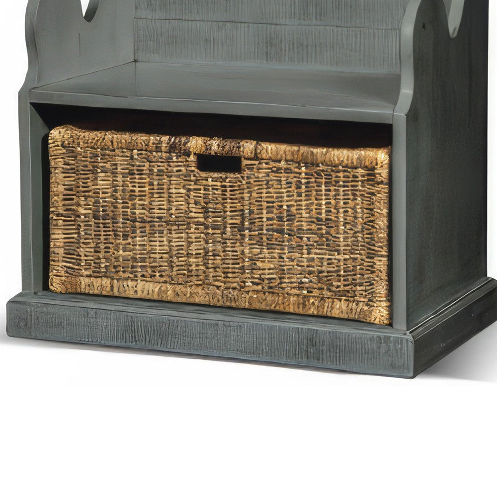 Eulie Hall Foyer Bench Seat w Rattan Basket Rustic Blue Mahogany Wood BM324906