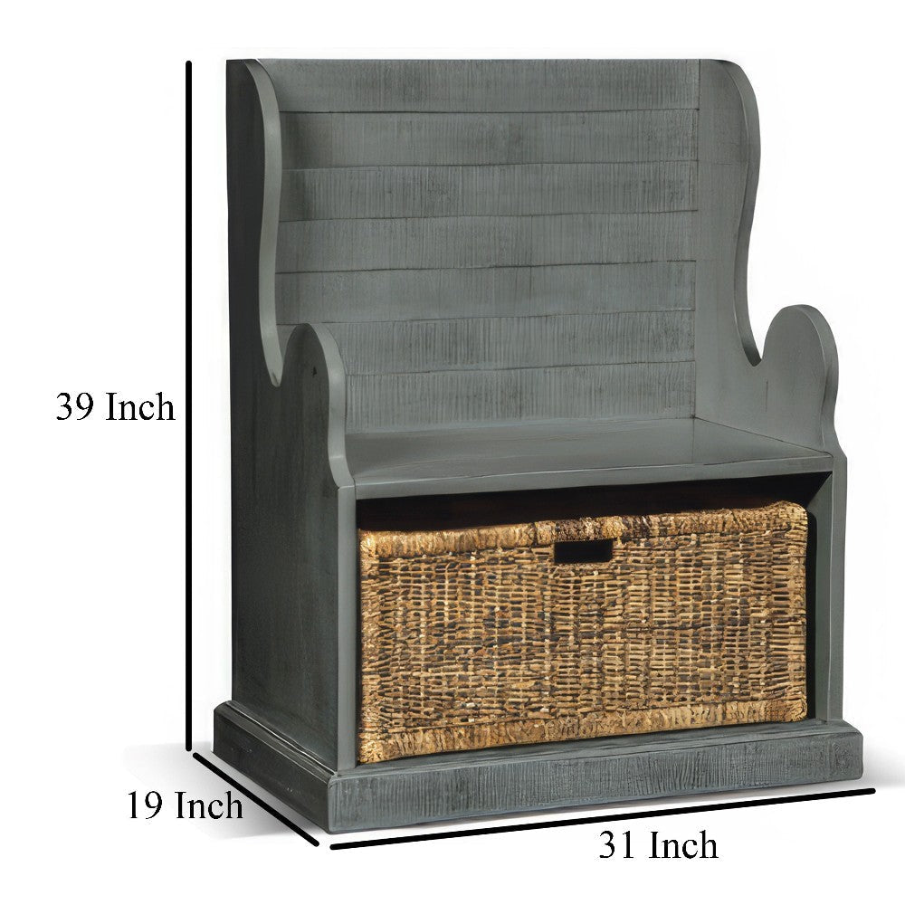 Eulie Hall Foyer Bench Seat w Rattan Basket Rustic Blue Mahogany Wood BM324906