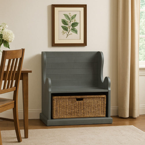 Eulie Hall Foyer Bench Seat w Rattan Basket, Rustic Blue Mahogany Wood