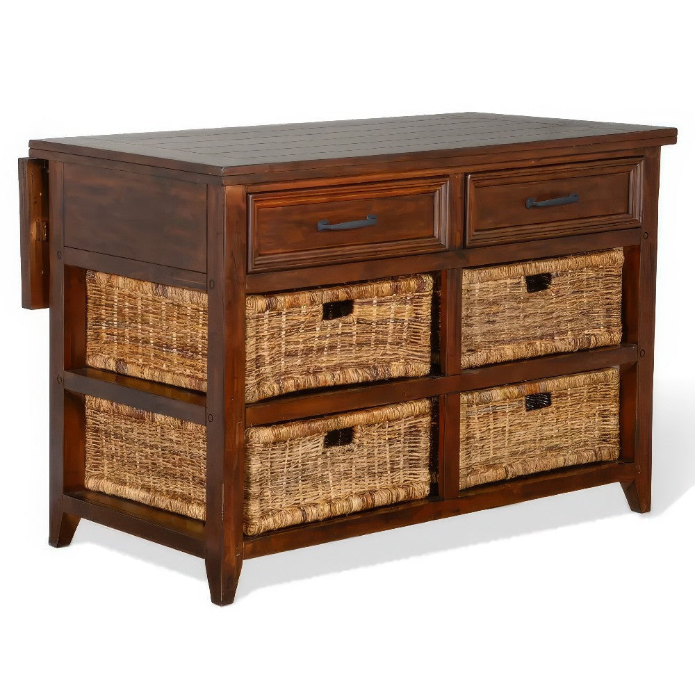 Niza Kitchen Island Table, 27-40" Drop Leaf, 4 Rattan Baskets, Brown