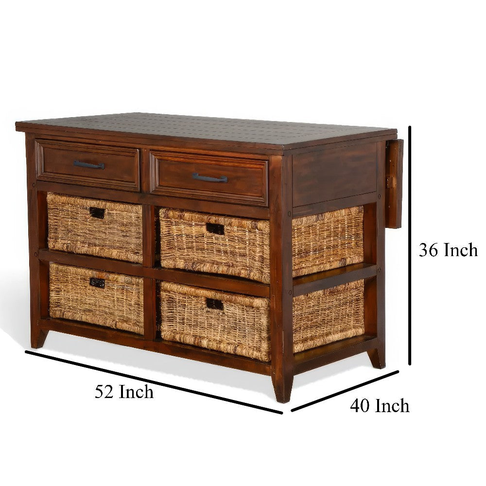 Niza Kitchen Island Table 27-40’’ Drop Leaf 4 Rattan Baskets Brown BM324909