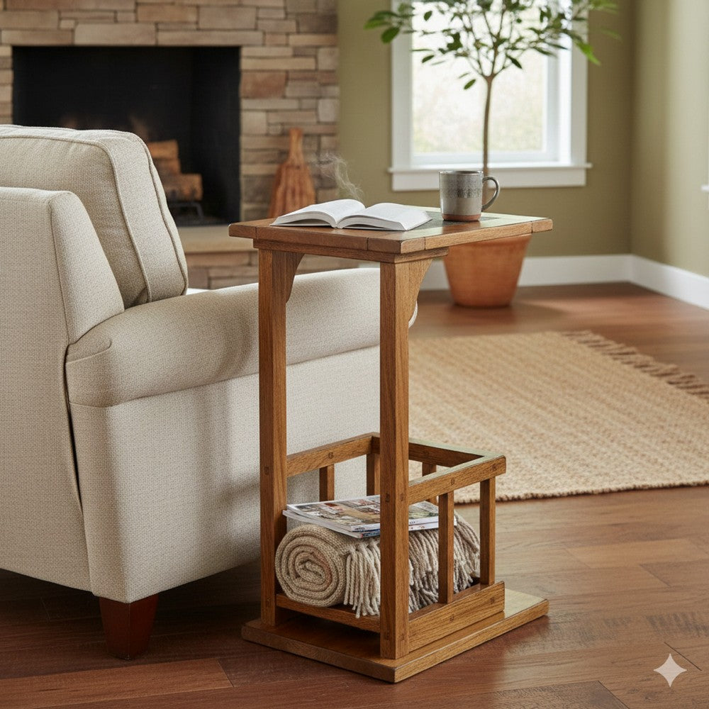 Marv Side Table with Magazine Rack, 13" Top,  Rustic Oak Finish Wood
