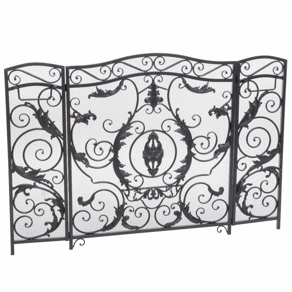 Fireplace Mesh Screen, Scrollwork Design, Iron w Black, Silver Finish