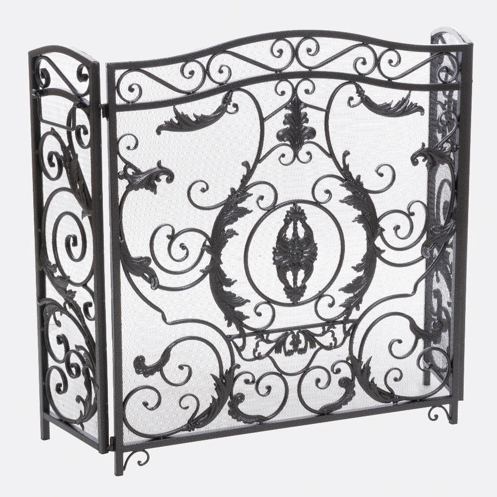 Fireplace Mesh Screen Scrollwork Design Iron w Black Silver Finish BM324925