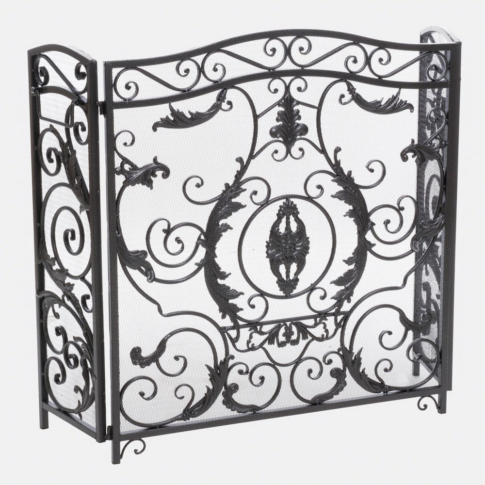 Fireplace Mesh Screen, Scrollwork Design, Iron w Black, Silver Finish