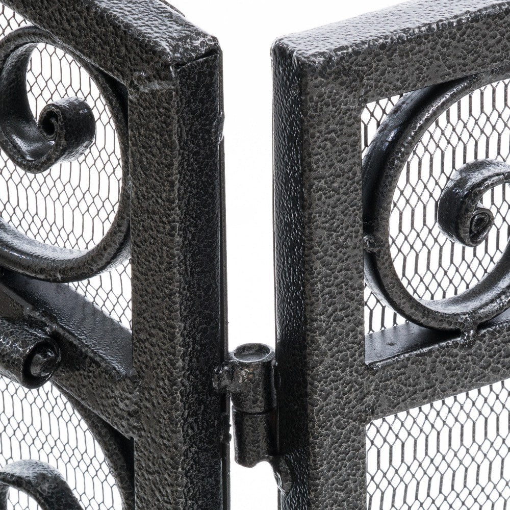 Fireplace Mesh Screen Scrollwork Design Iron w Black Silver Finish BM324925