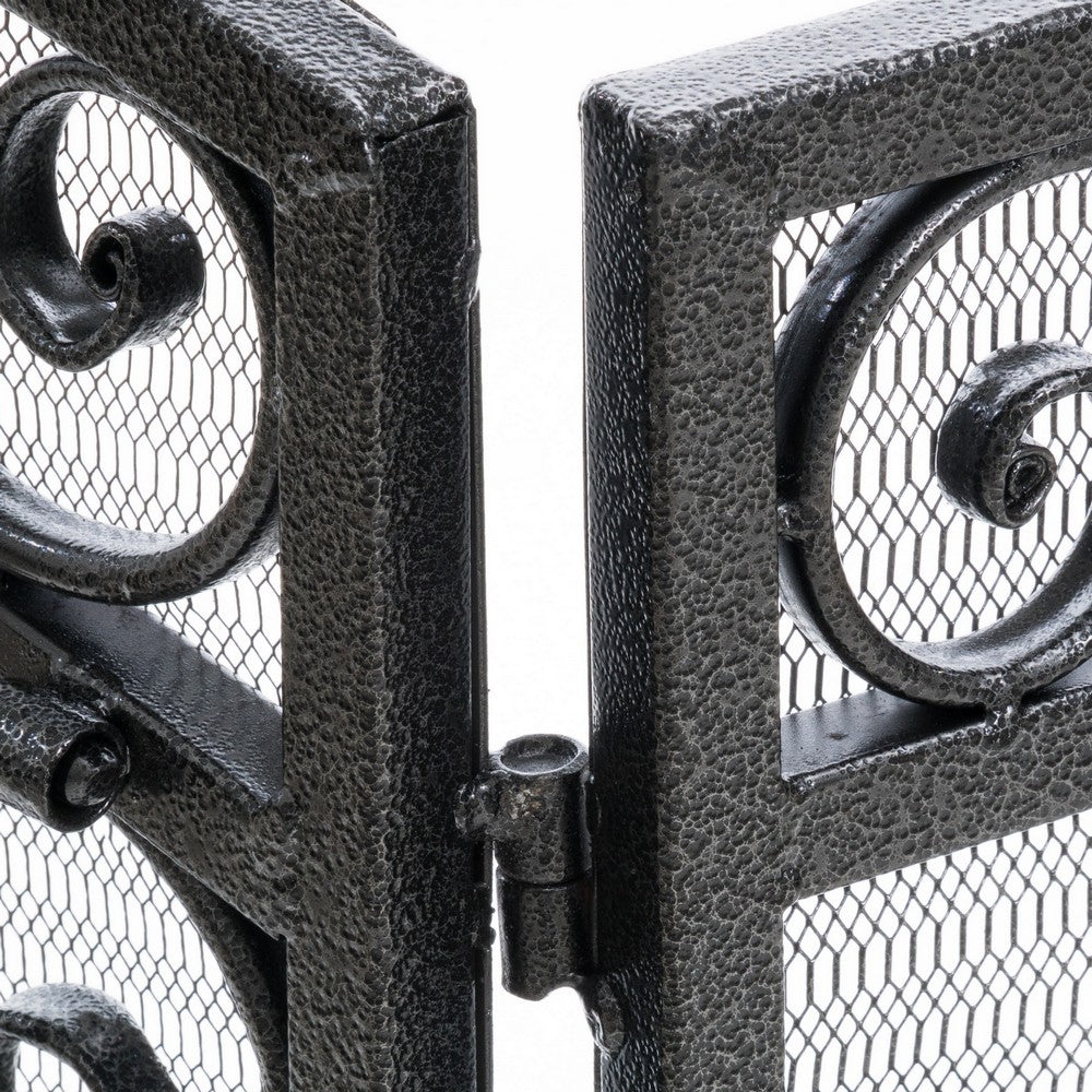 Fireplace Mesh Screen, Scrollwork Design, Iron w Black, Silver Finish