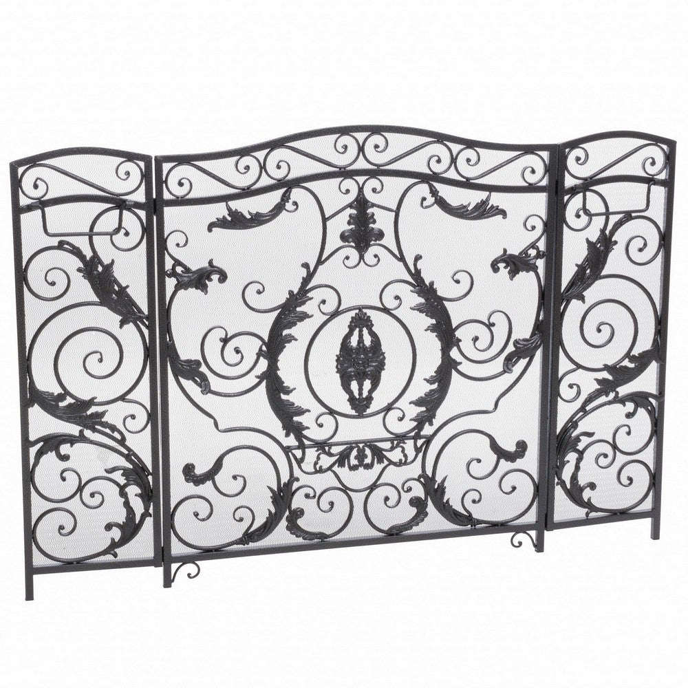 Fireplace Mesh Screen, Scrollwork Design, Iron w Black, Silver Finish