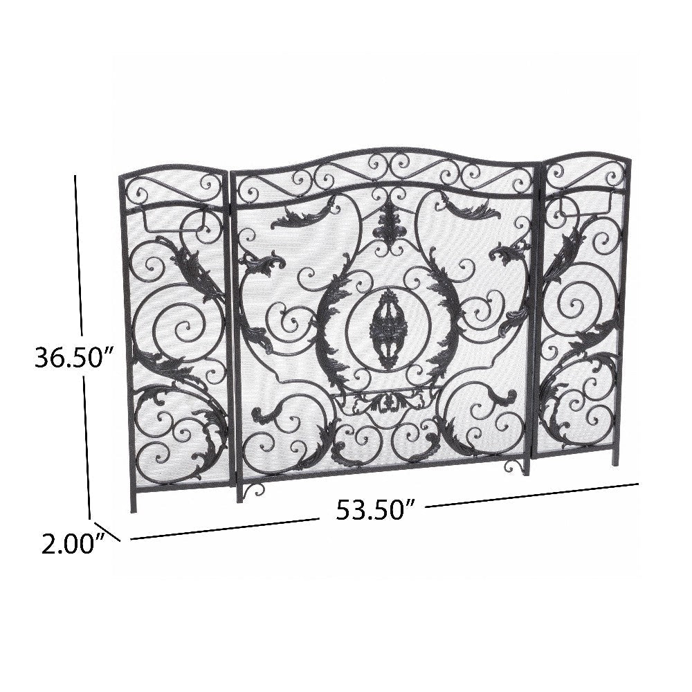 Fireplace Mesh Screen Scrollwork Design Iron w Black Silver Finish BM324925