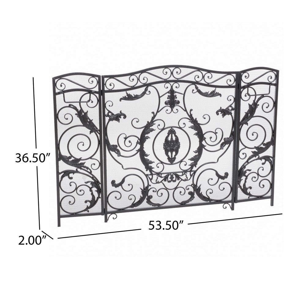 Fireplace Mesh Screen, Scrollwork Design, Iron w Black, Silver Finish