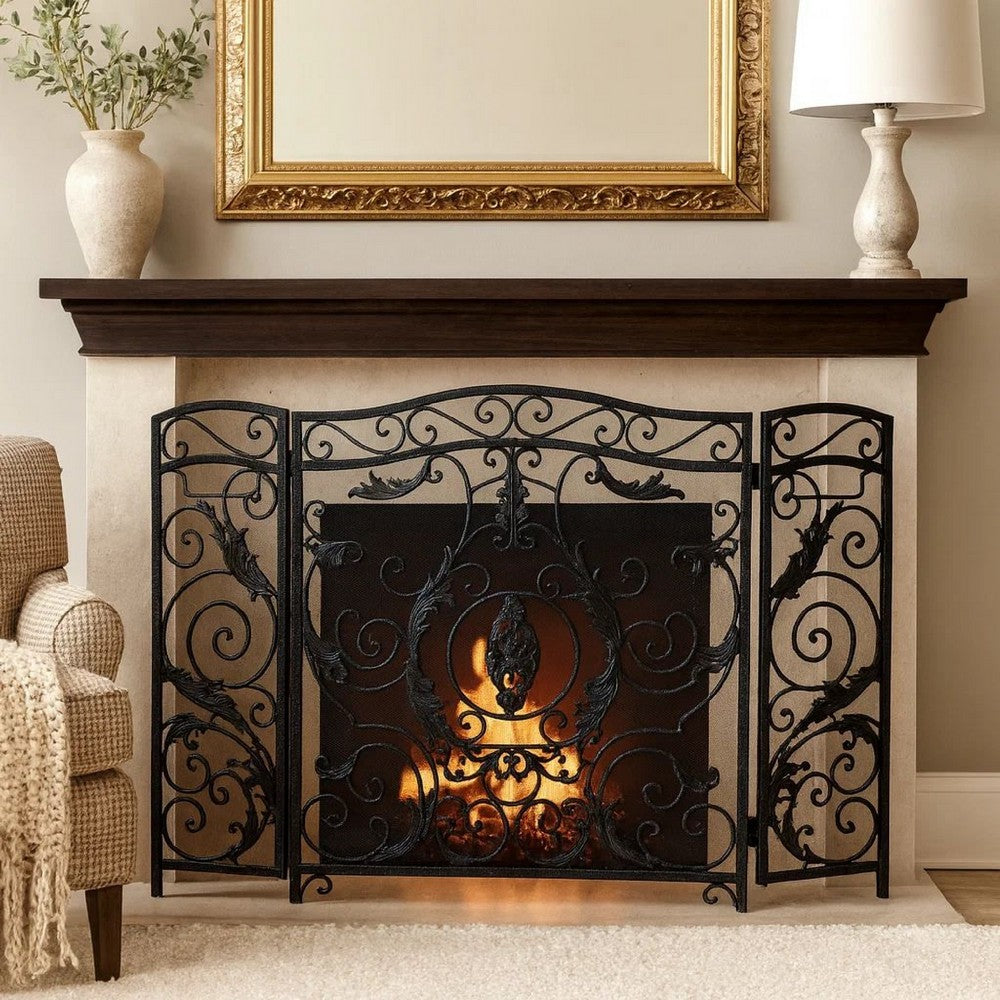 Fireplace Mesh Screen, Scrollwork Design, Iron w Black, Silver Finish