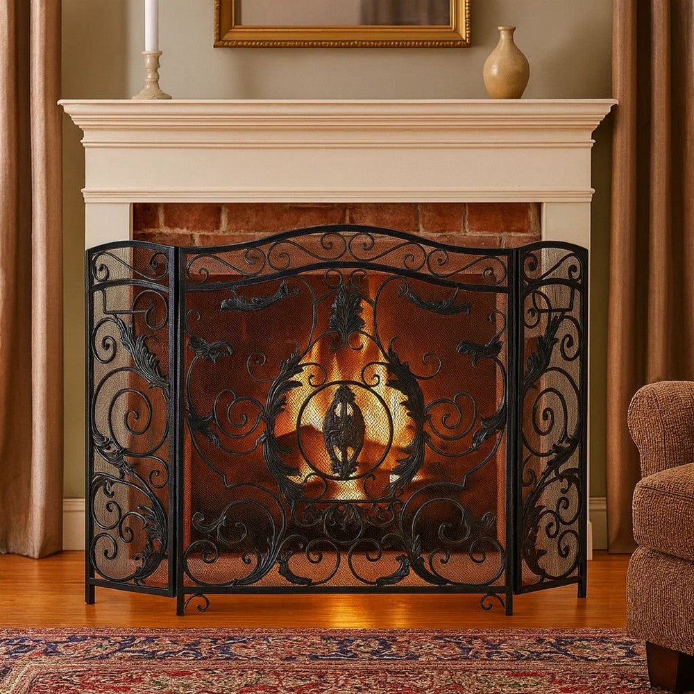 Fireplace Mesh Screen, Scrollwork Design, Iron w Black, Silver Finish