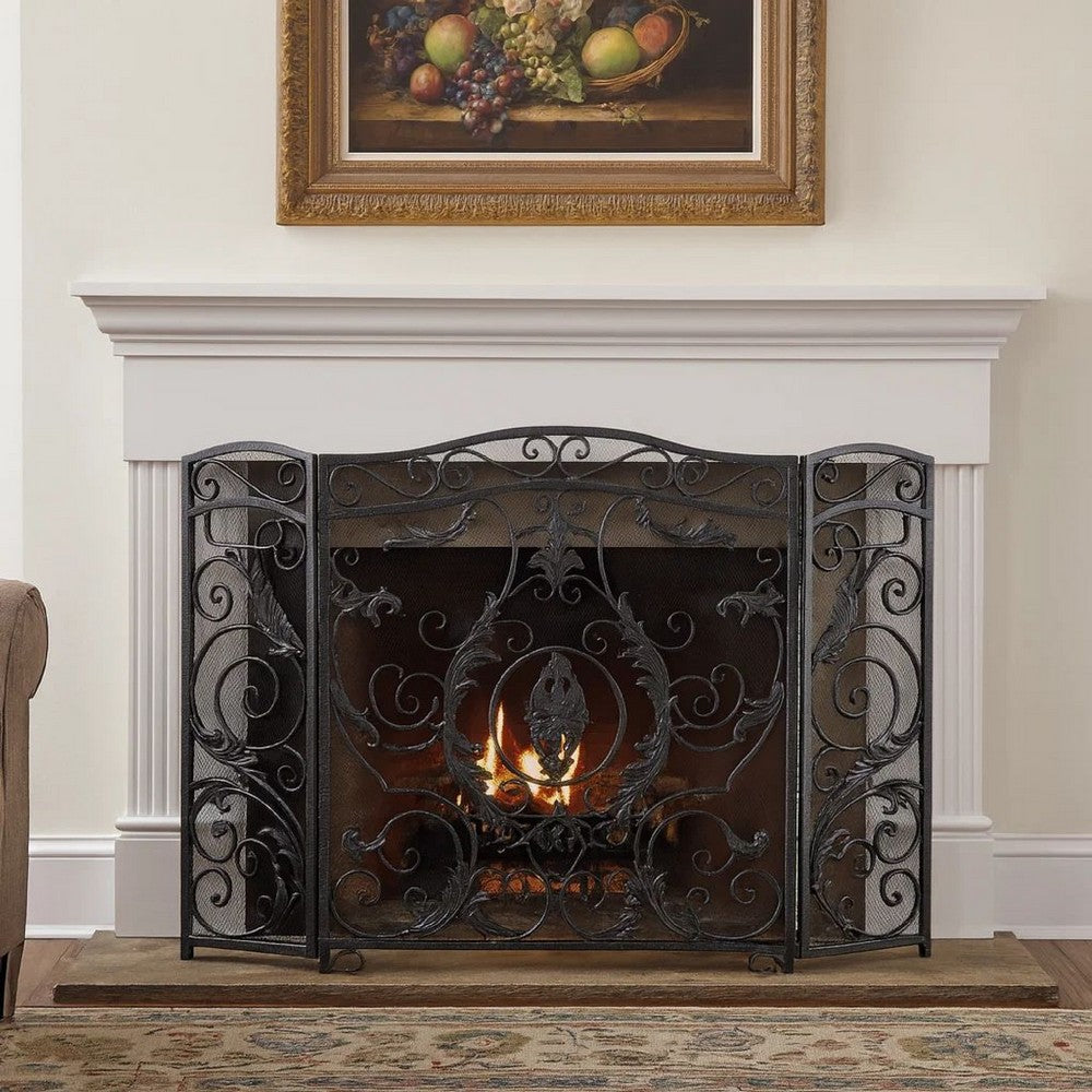 Fireplace Mesh Screen, Scrollwork Design, Iron w Black, Silver Finish