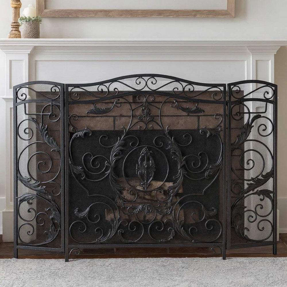 Fireplace Mesh Screen, Scrollwork Design, Iron w Black, Silver Finish