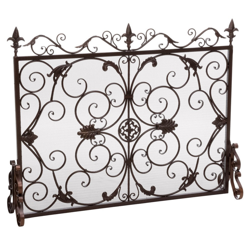 Fireplace Screen, Scrollwork Design, Iron, 45x35 Black and Gold Finish