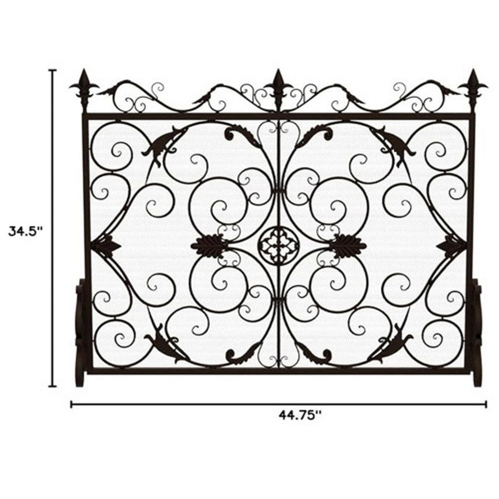 Fireplace Screen, Scrollwork Design, Iron, 45x35 Black and Gold Finish