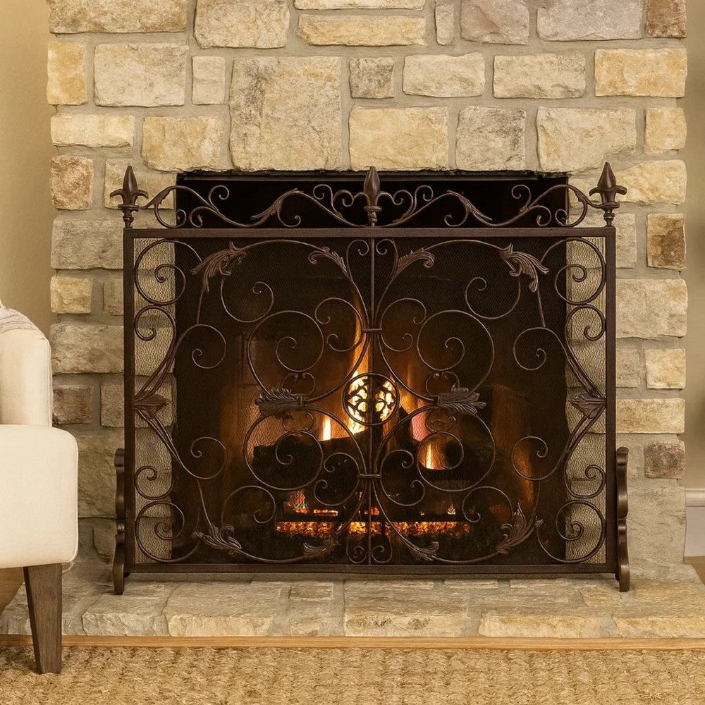 Fireplace Screen, Scrollwork Design, Iron, 45x35 Black and Gold Finish