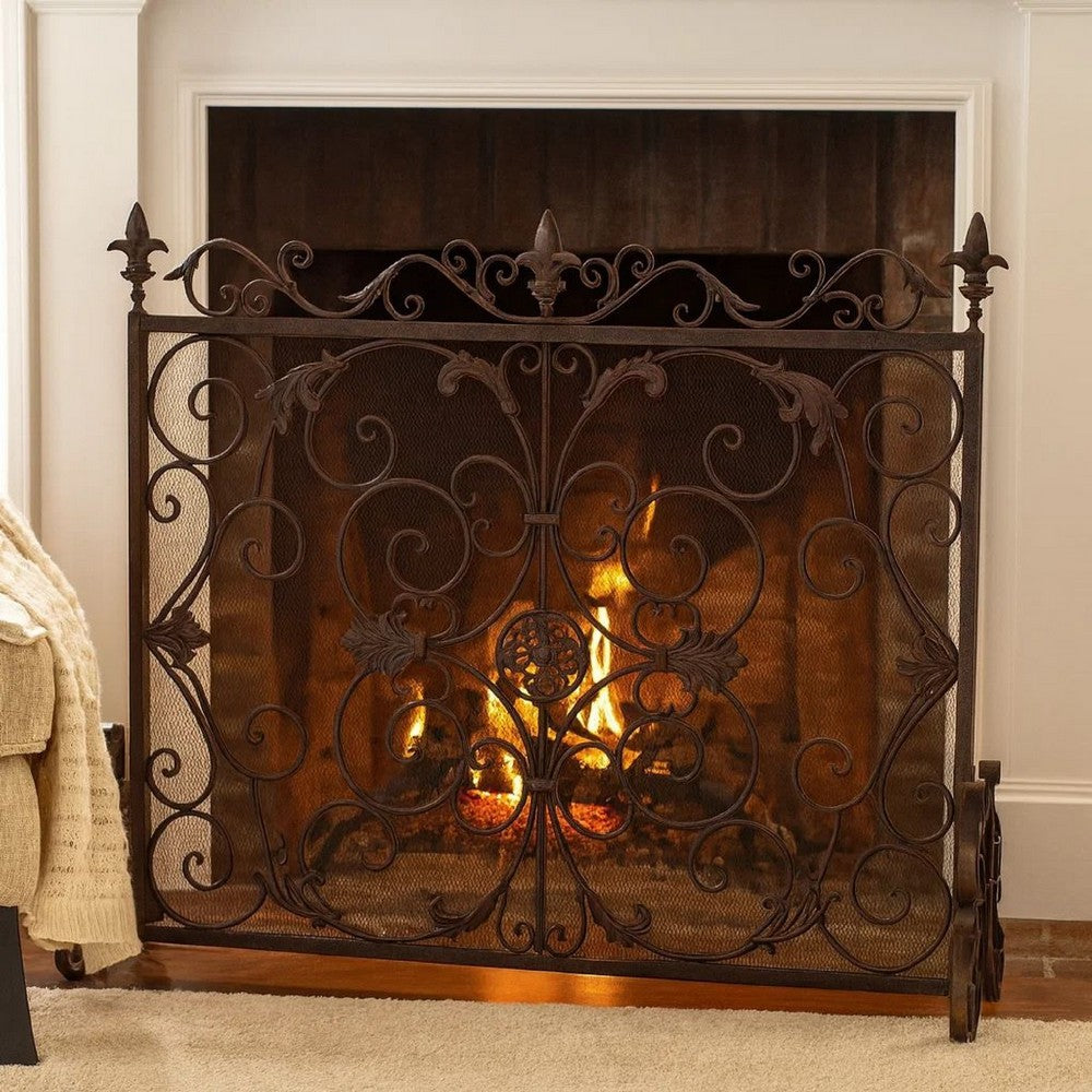Fireplace Screen, Scrollwork Design, Iron, 45x35 Black and Gold Finish