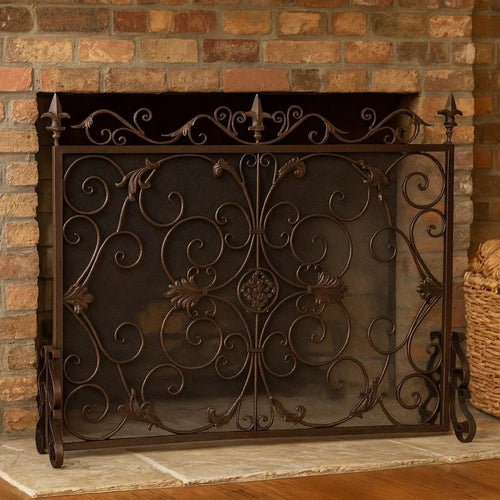 Fireplace Screen, Scrollwork Design, Iron, 45x35 Black and Gold Finish