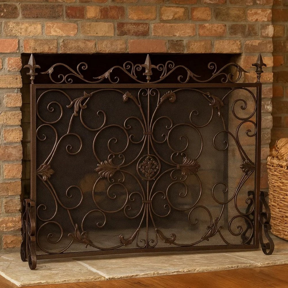 Fireplace Screen, Scrollwork Design, Iron, 45x35 Black and Gold Finish