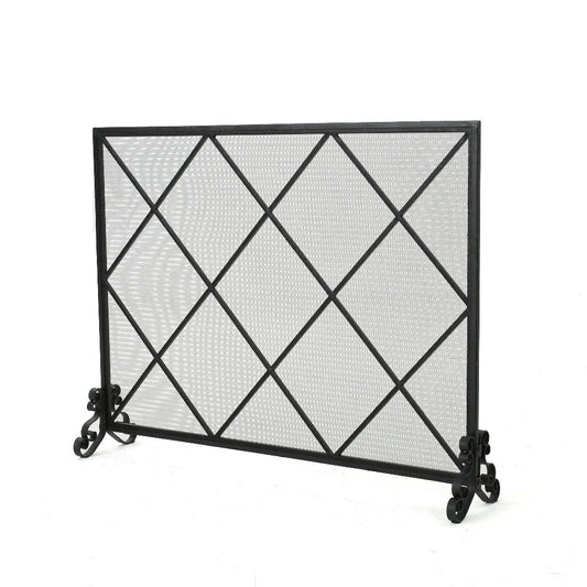 Fireplace Screen, Classic Diamond Shape with Mesh, 41x32 Black Finish