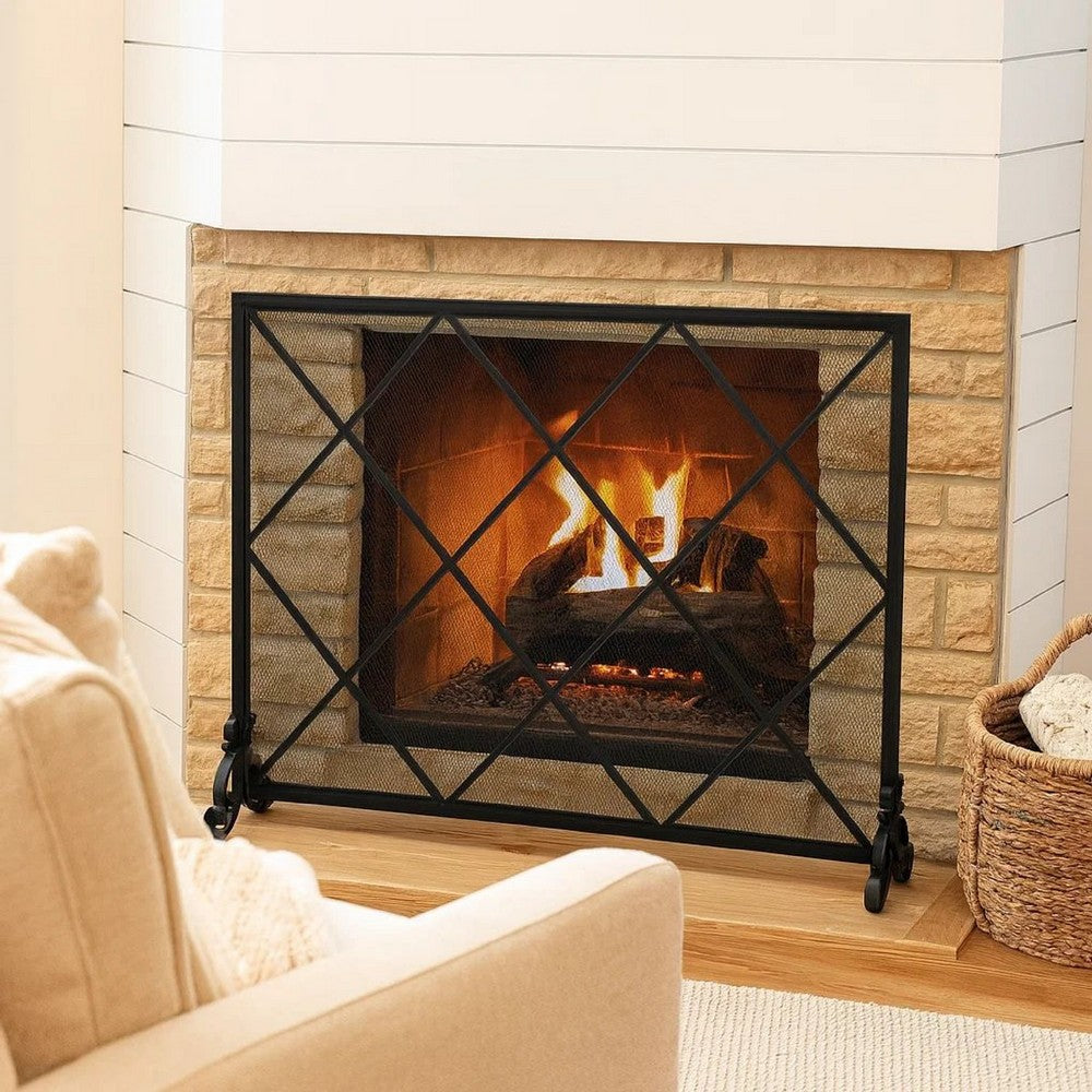 Fireplace Screen, Classic Diamond Shape with Mesh, 41x32 Black Finish