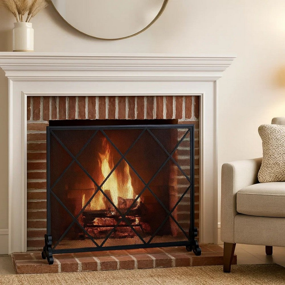 Fireplace Screen, Classic Diamond Shape with Mesh, 41x32 Black Finish