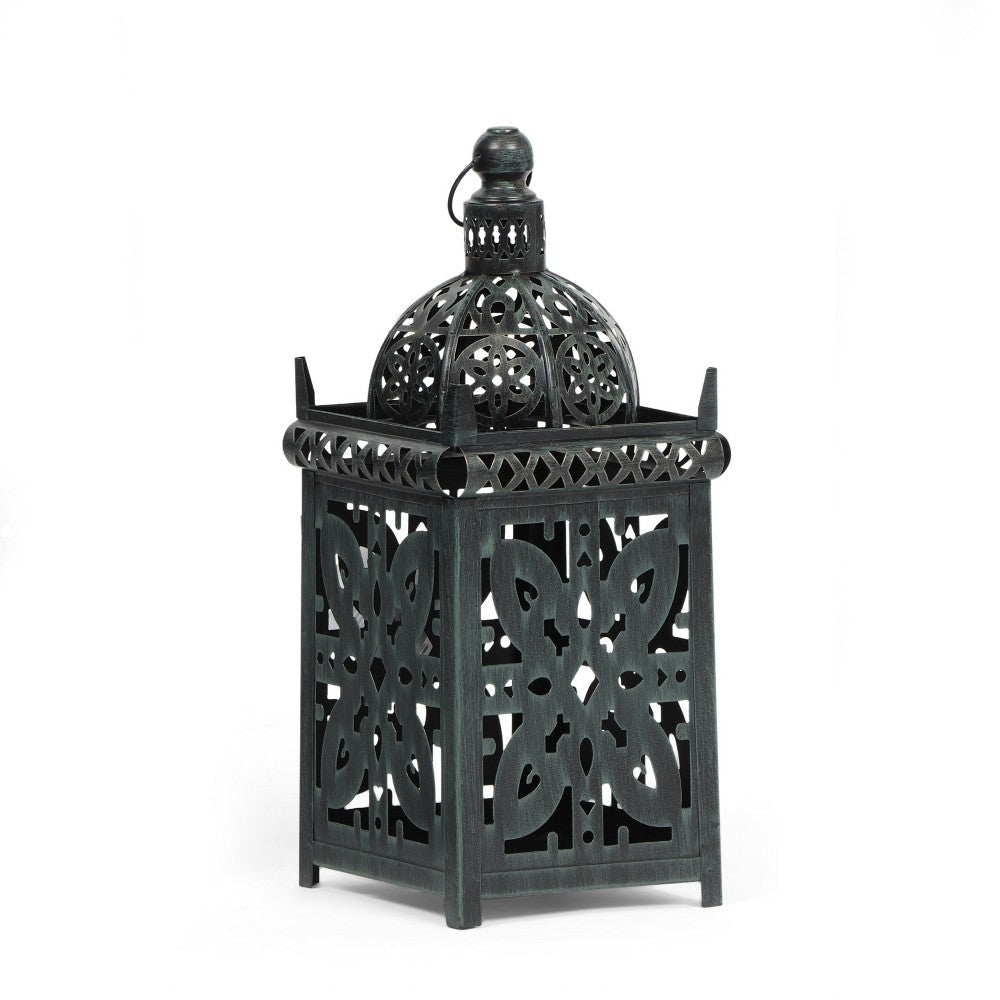 Sus Candle Holder Lantern, 15" Dome Shaped Lid, Black Iron Metal Cover