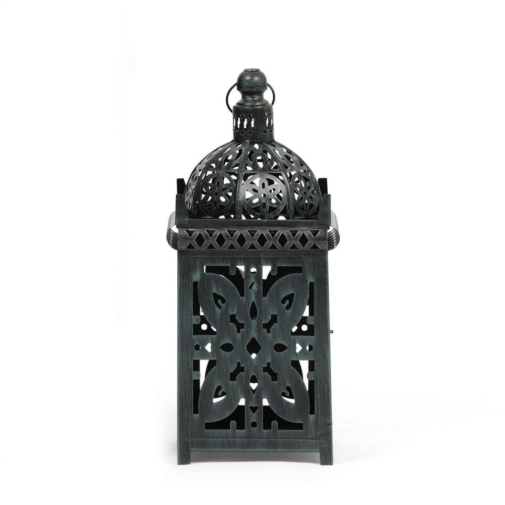Sus Candle Holder Lantern, 15" Dome Shaped Lid, Black Iron Metal Cover