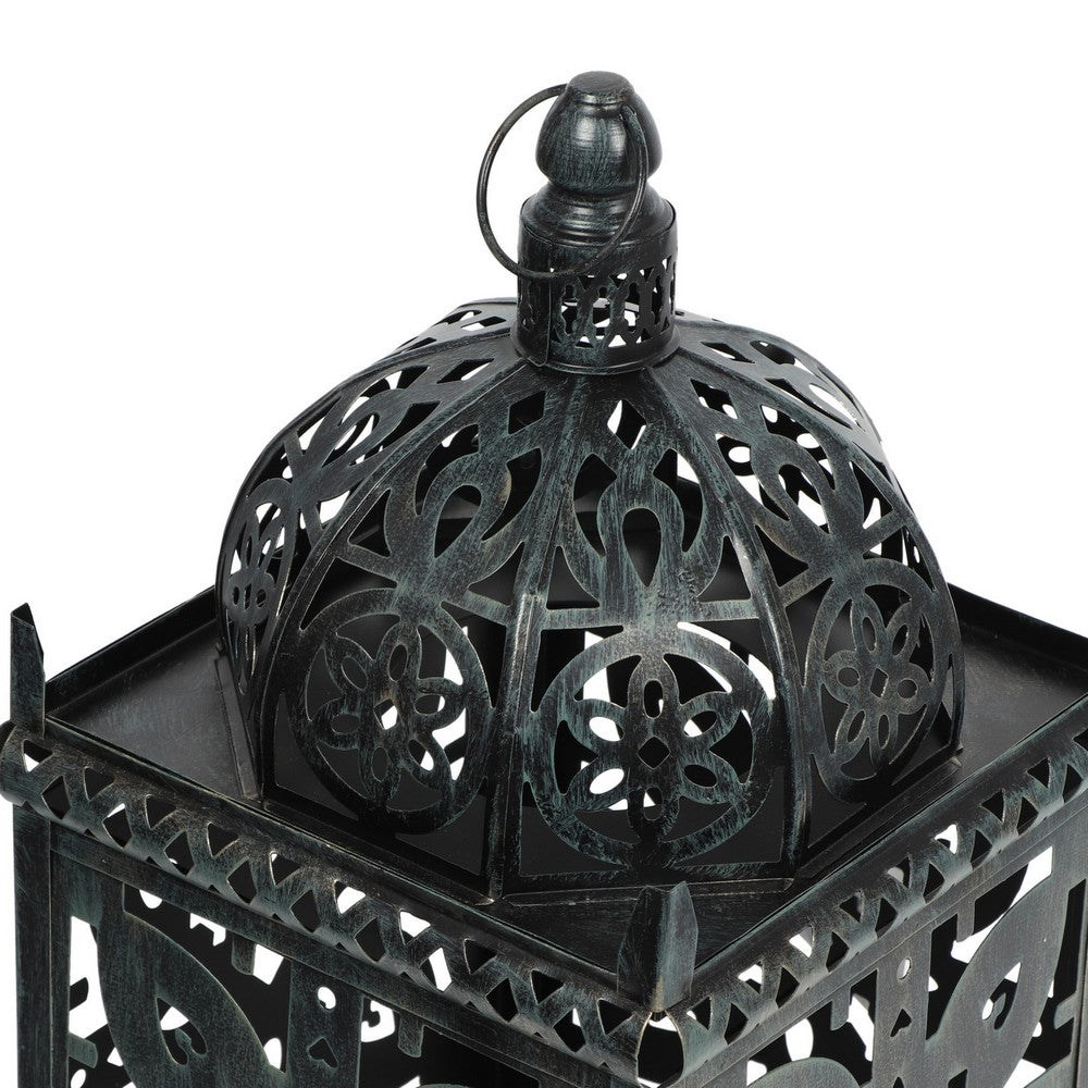 Sus Candle Holder Lantern, 15" Dome Shaped Lid, Black Iron Metal Cover