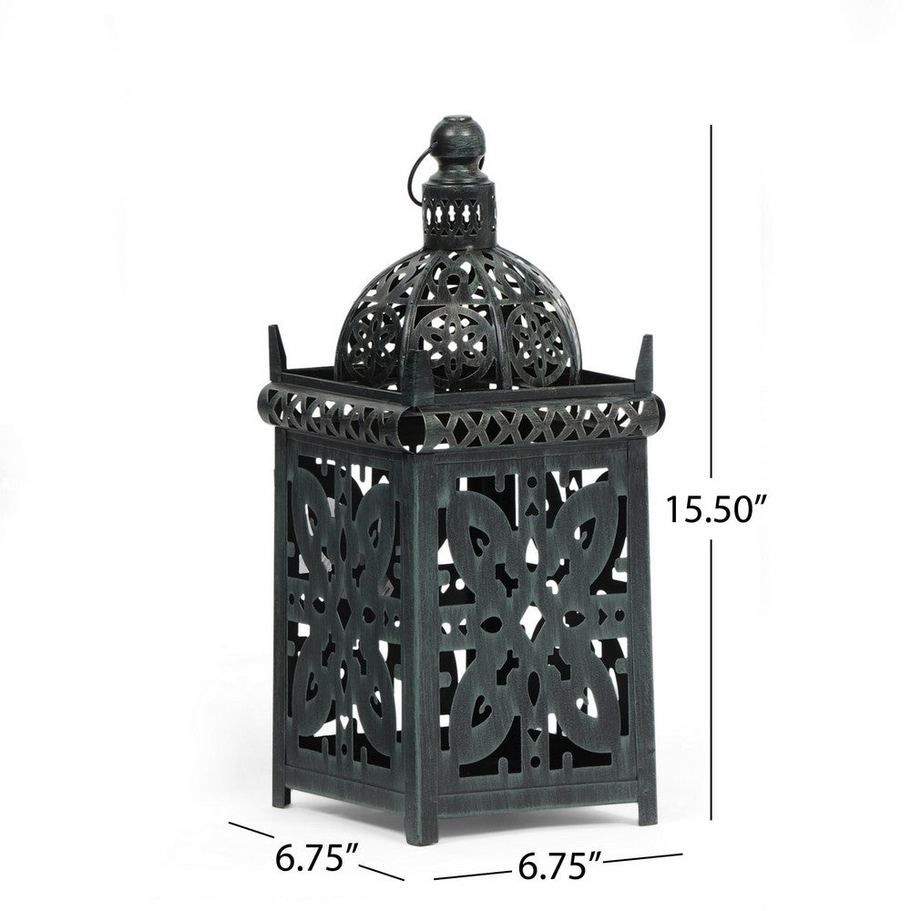 Sus Candle Holder Lantern, 15" Dome Shaped Lid, Black Iron Metal Cover