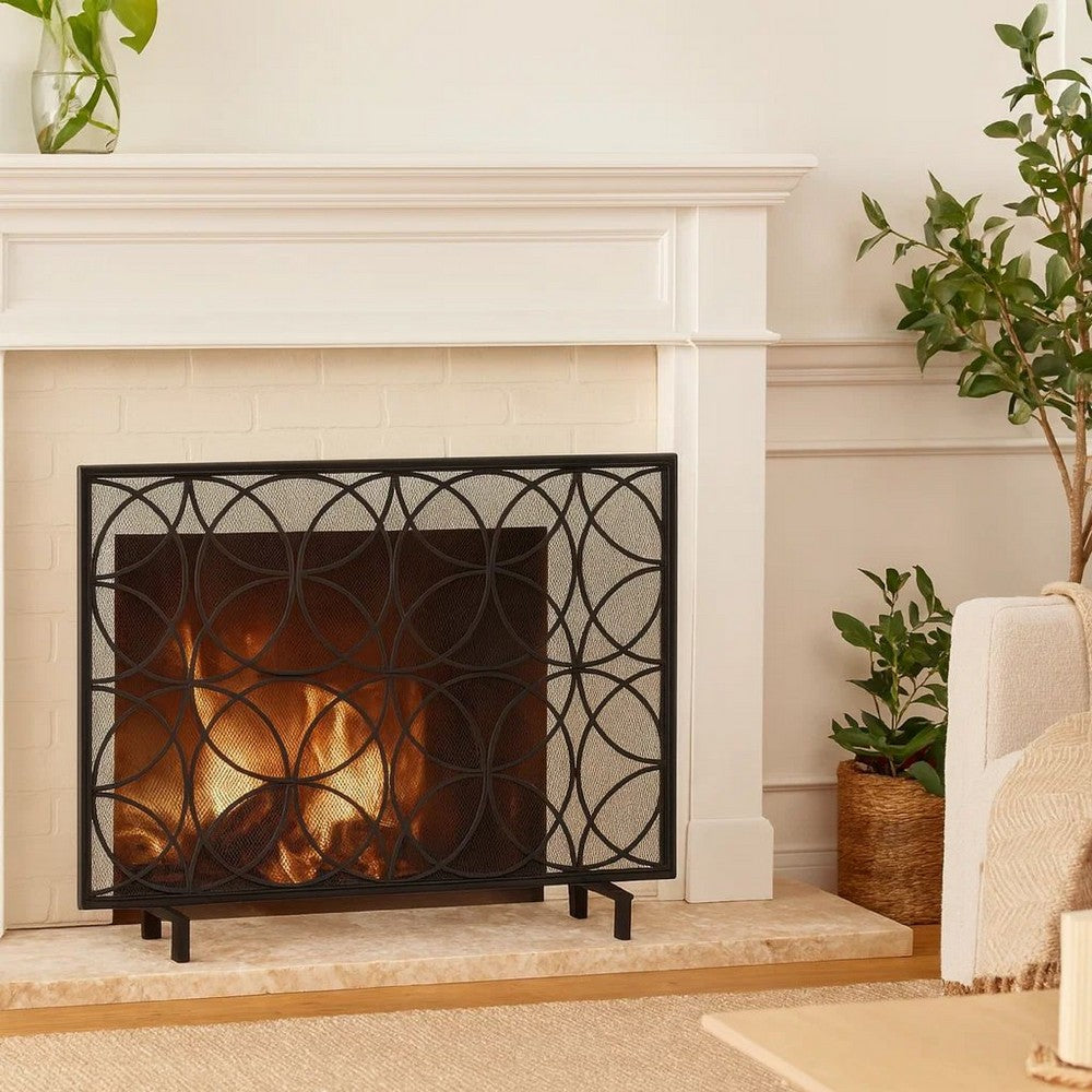 Fireplace Screen, Overlapping Circles w Mesh, 41x31 Matte Black Frame