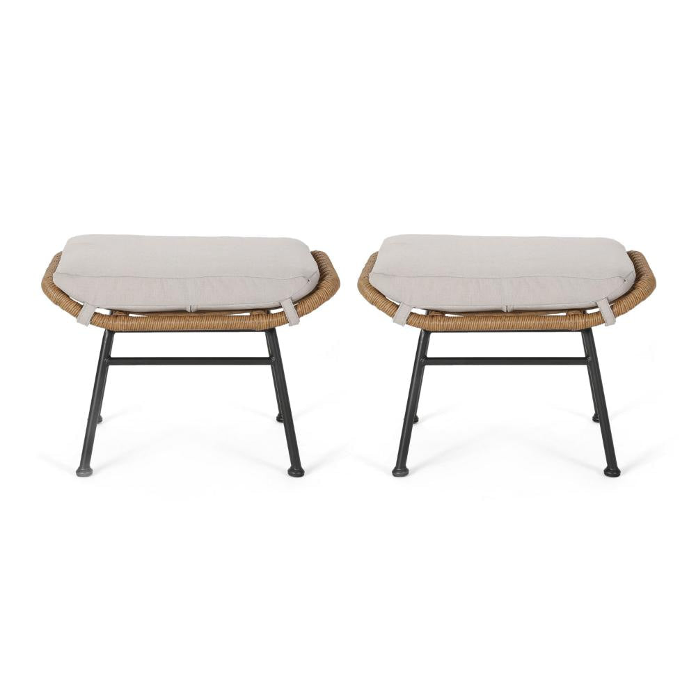 Margo Outdoor Ottoman Set of 2 24’’ Black Iron Legs Brown and Beige