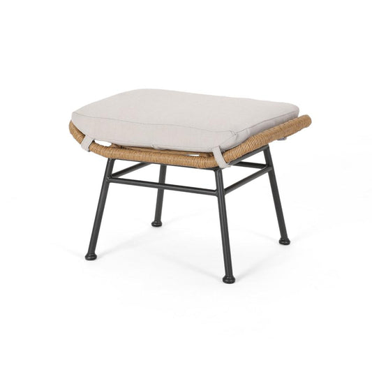 Margo Outdoor Ottoman Set of 2, 24" Black Iron Legs, Brown and Beige