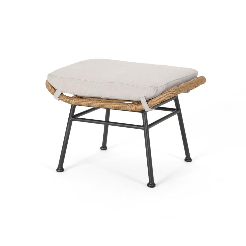 Margo Outdoor Ottoman Set of 2, 24" Black Iron Legs, Brown and Beige